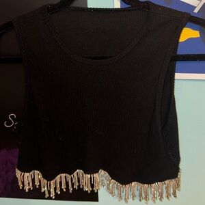 Cropped Black with Silver crystal fringe under chest